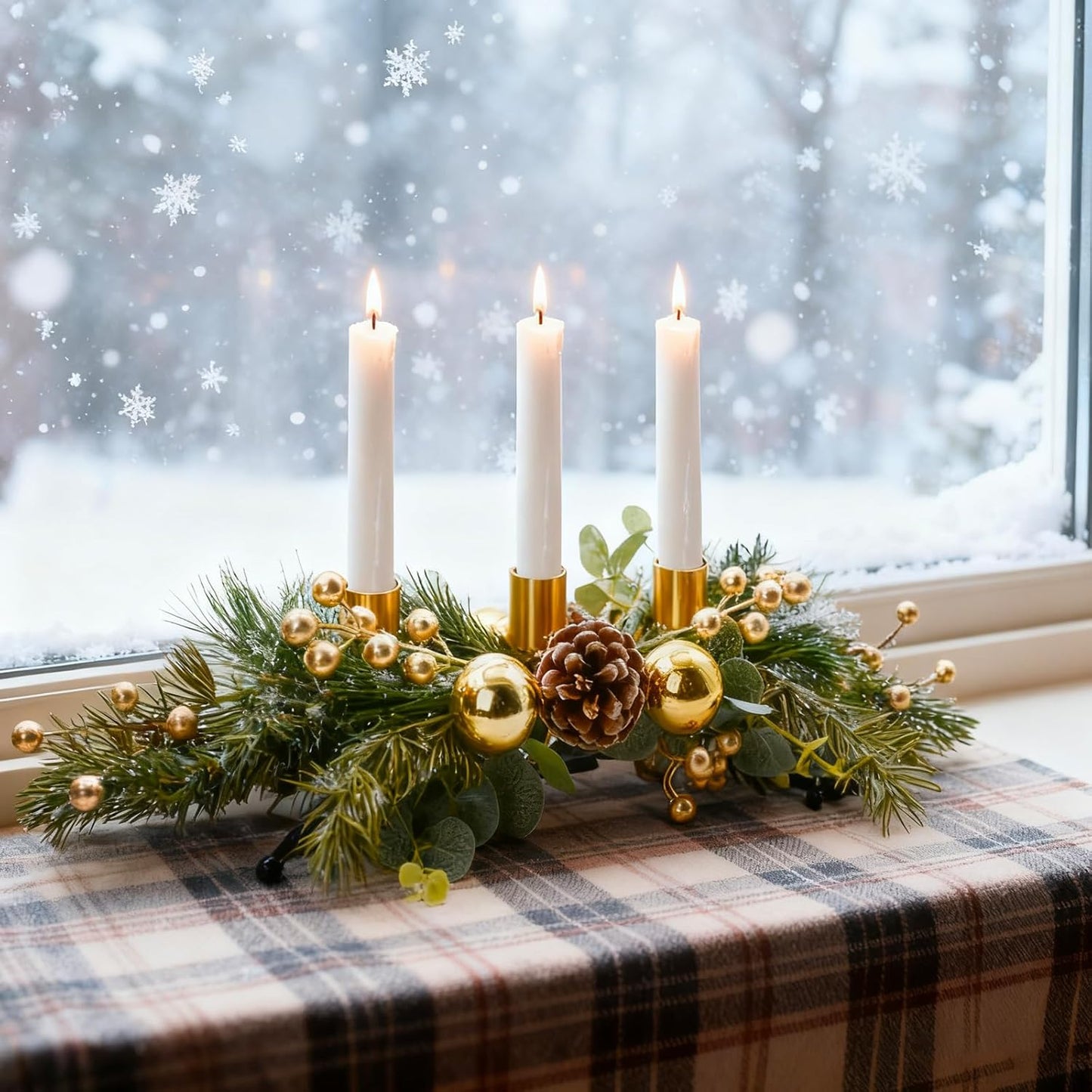 MrMrKura Christmas Tabletop Centerpiece - 3 Candle Holders with Pine Cones & Red Berries | Gold Decor for Dining Room