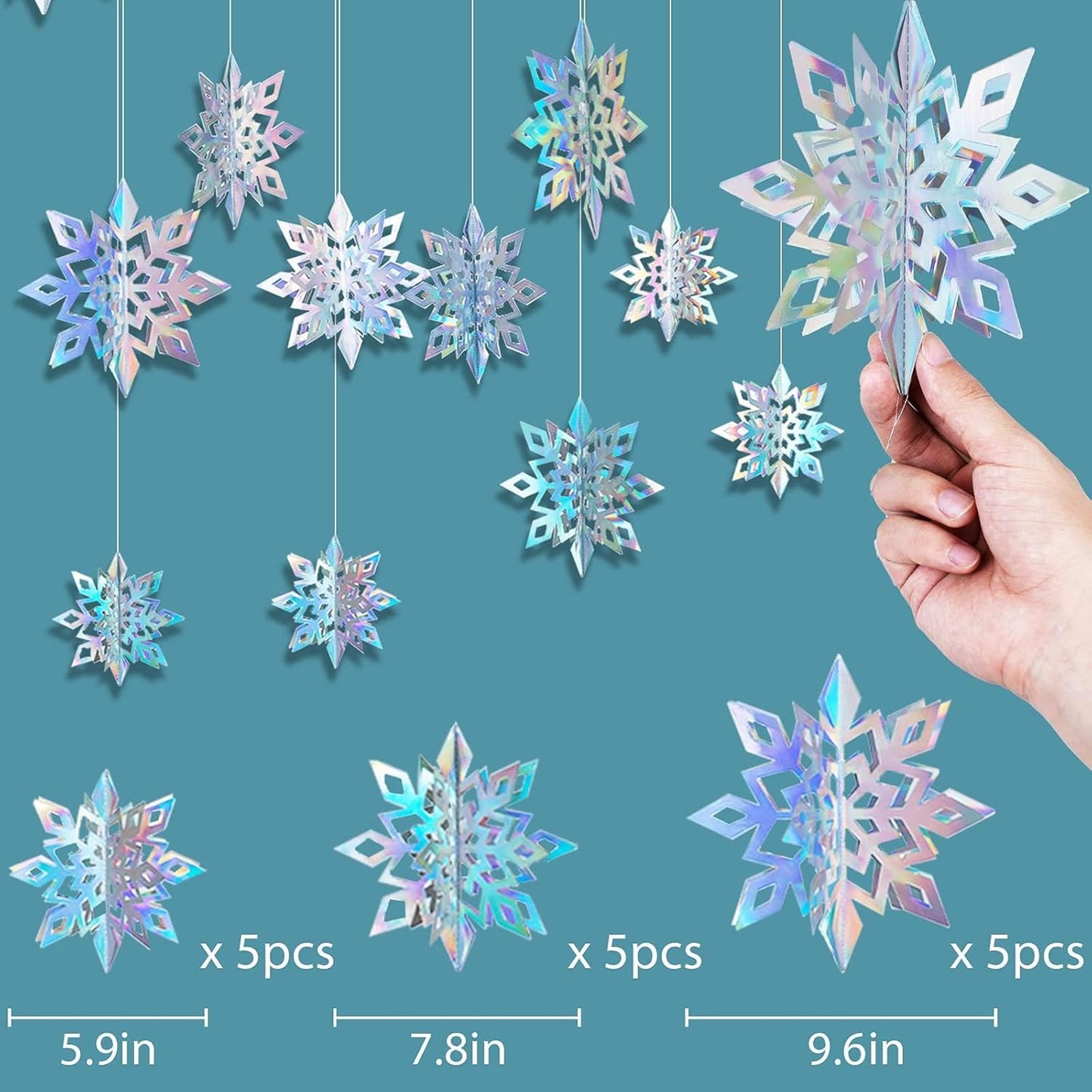 OuMuaMua Christmas Snowflake Decorations - 15pcs 3D Iridescent Holographic Snowflakes for Holiday Decor