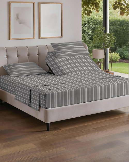 Flex Top Split Head King 4 Piece Sheet Set - Comfy Breathable & Cooling Bed Sheets Set - Hotel Luxury Bedding for Women, Men, Kids, Teens, Boys & Girls - Deep Pockets, Soft - Oeko-Tex - Grey Stripes
