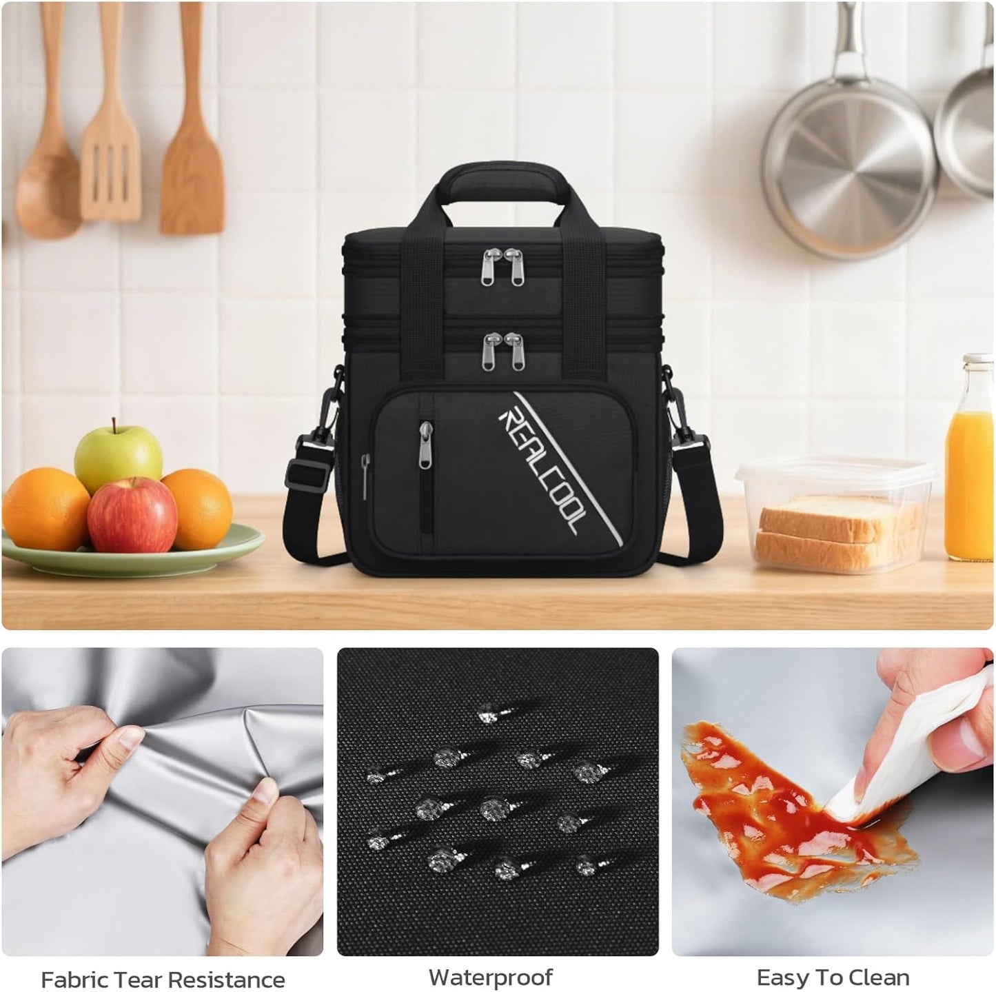 RealCool Insulated Lunch Bag - Double Deck Leakproof Soft Cooler for Work & Travel | Black