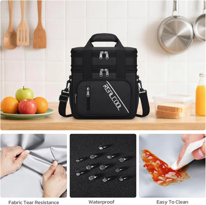 RealCool Insulated Lunch Bag - Double Deck Leakproof Soft Cooler for Work & Travel | Black