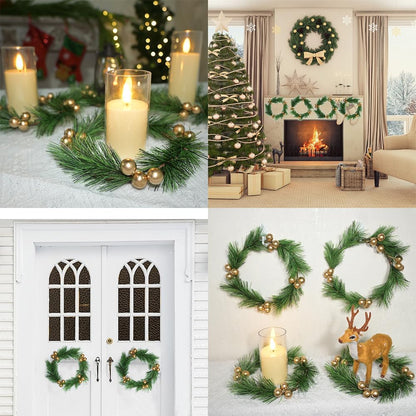 Skiennix Christmas Candle Rings - Artificial Golden Berries & Pine Needles | 4-Piece Wreath Set for Festive Table Decor