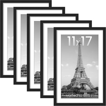 Upsimples 11x17 Picture Frame Set of 5 - Stylish Black Frames for 9x15 or 11x17 Photos