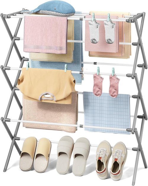KINGBOARD Collapsible Clothes Drying Rack - 3-Tier Design with 11 Poles | Foldable & Lightweight, 25lb Capacity, White & Grey