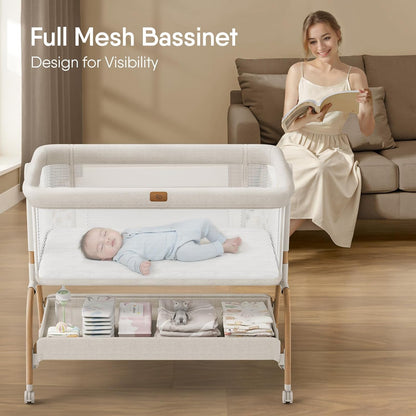 Skiennix Baby Bassinet - 3-in-1 Bedside Sleeper with Mattress & Full-Mesh Sides | 6-Height Adjustable
