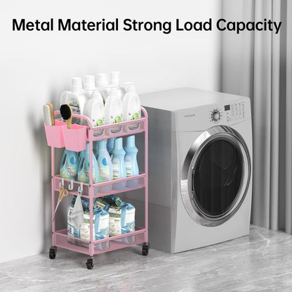 YASONIC 3-Tier Rolling Cart - Metal Utility Storage Cart with Wheels & Hooks | Pink Craft Organizer