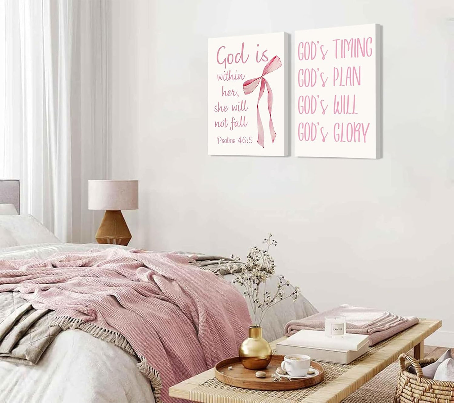 Coquette Pink Bow Canvas Wall Art - Inspirational Bible Verses for Girls' Room Decor | 12"x16" Framed