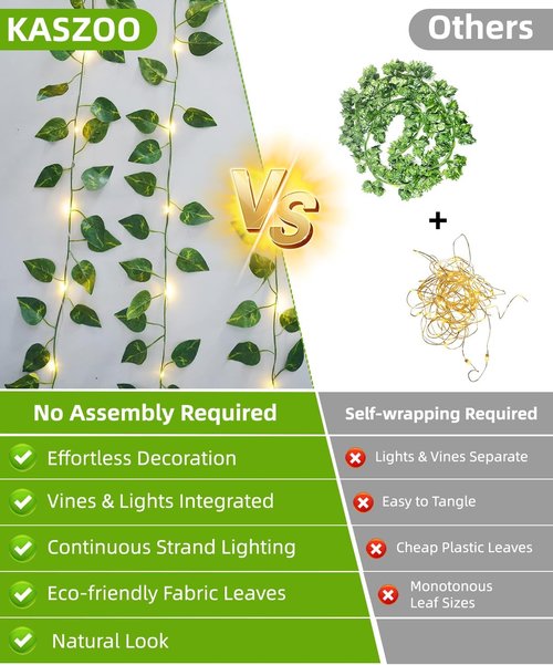 KASZOO 33ft 100 LED Fairy Lights - Battery/USB Operated Pothos Vine String Lights for Bedroom & Garden Decor