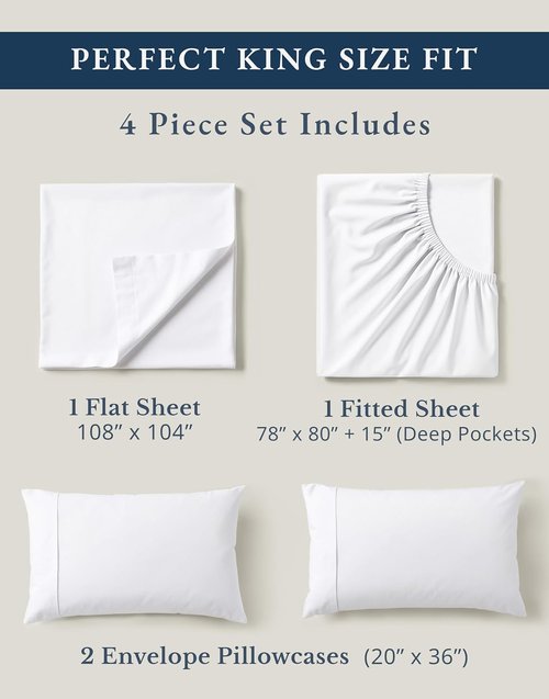 LANE LINEN 100% Organic Cotton King Size Sheets - Soft, Breathable & Eco-Friendly White Percale Set