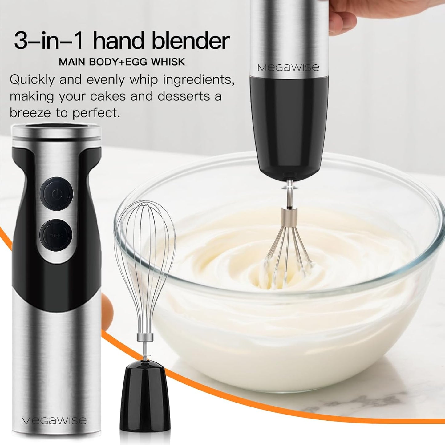 MegaWise 3-in-1 Immersion Hand Blender - Powerful 12-Speed with Titanium Reinforced Blades | Black