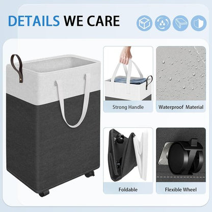 HomeHacks 75L Waterproof Rolling Laundry Hamper - Collapsible Clothes Basket with 4 Wheels | Easy-Clean PEVA Lining, Space-Saving Design (Gray)