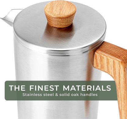 WALDWERK French Press Coffee Maker - 34 oz Non-Toxic Stainless Steel with Oak Wood Handle - Insulated Design