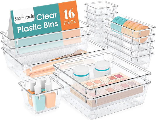 StorMiracle 16 PCS Drawer Organizer Set - Versatile Clear Storage Bins for Bathroom & Kitchen | Makeup, Jewelry, Utensils