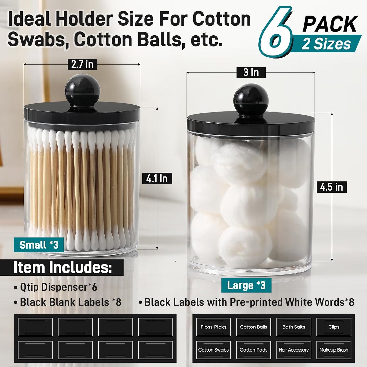 Skiennix Acrylic Qtip Holder Dispenser - 6 Pack Clear & Black Bathroom Storage Organizer for Cotton Swabs, Balls, Pads, Floss