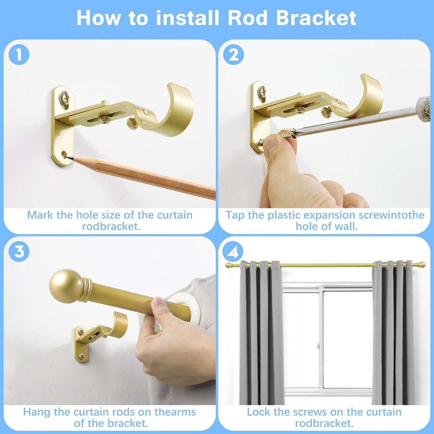 Skiennix Adjustable Curtain Rods - Max Length 60 Inches | Warm Gold Finish, 16 to 48 Inches