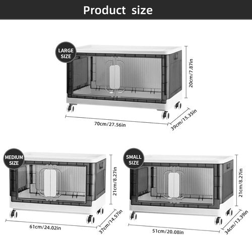 Folding Storage Organizer - Heavy-Duty Plastic Bin with Silent Casters | Stackable Design, 3 Sizes (19.5/23.5/27.5in), Black/White