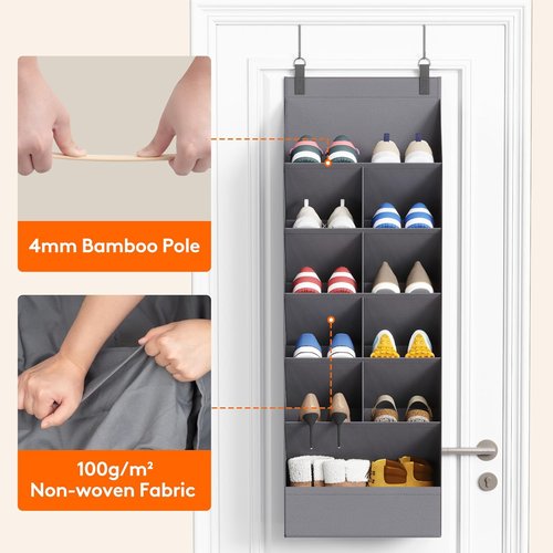 Lifewit 6-Tier Over The Door Shoe Organizer - 11 Deep Pockets for Up to 12 Pairs - Gray Fabric Storage Solution