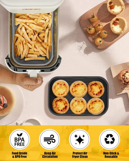 Bella Collapsible Air Fryer Silicone Liners - Reusable Non-Stick Baking Basket Insert | 2-Pack, Gray & Black