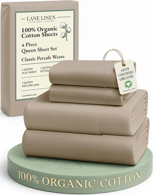 LANE LINEN 100% Organic Cotton Sheets Set - Pure Long-Staple Percale Weave | Queen Size, Taupe, Fits Mattresses Up to 15" Deep