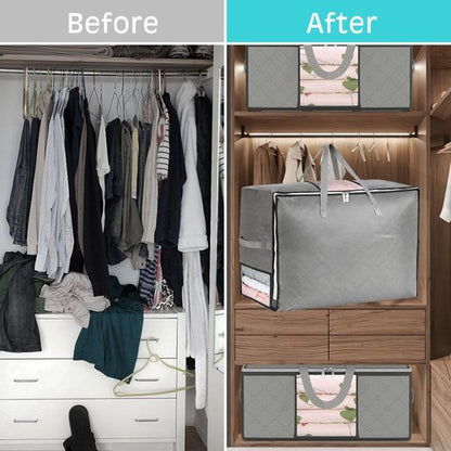 4 Pack Skiennix Extra Large Comforter Storage Bags - Foldable Bedding Organizers with 3 Clear Windows, Grey