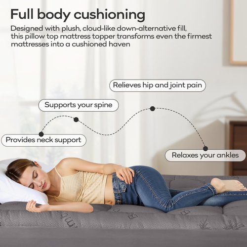 OLANLY Queen Mattress Topper – Viscose Made from Bamboo, Cooling Soft Queen Pillow Top Mattress Pad for Back Pain Relief, Plush Down Alternative Fill Bed Topper with Elastic Deep Pocket, Light Gray