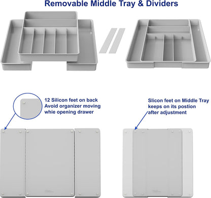 Simple Houseware Flatware Organizer - Adjustable Gray Cutlery Tray with 9 Compartments for Utensils