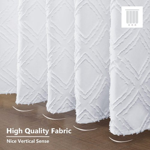 OWENIE White Shower Curtain Set, Jacquard Geometric Textured Fabric Boho Shower Curtains for Bathroom, Soft Hotel Style Farmhouse Shower Curtain Grommet Top 12 Hooks, Machine Washable, 72x72, White
