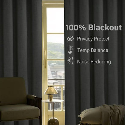 Urban Lotus Beige Linen Textured Full Blackout Curtain Panels 84 Inches Long Solid Color Room Darkening Thermal Inulated Drapes for Living Room/Bedroom Grommet Top Window Treatment, 52" W, 2 Panels