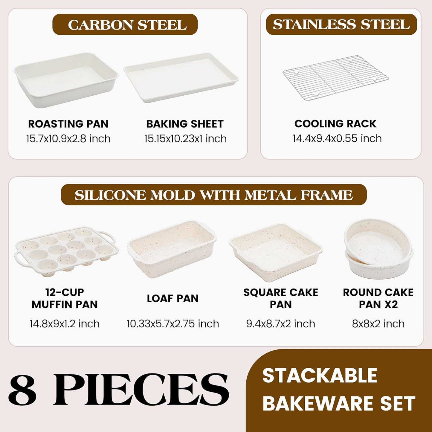 Skiennix Silicone Baking Pans Set - 8 Pcs Nonstick Bakeware with Metal Reinforced Frame | Cream Color