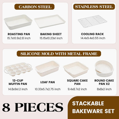 Skiennix Silicone Baking Pans Set - 8 Pcs Nonstick Bakeware with Metal Reinforced Frame | Cream Color