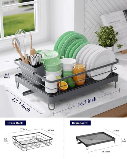Kitsure Dish Drying Rack - Stainless Steel Kitchen Organizer with Cutlery Holder | 12.7''W x 16.7''L, Grey