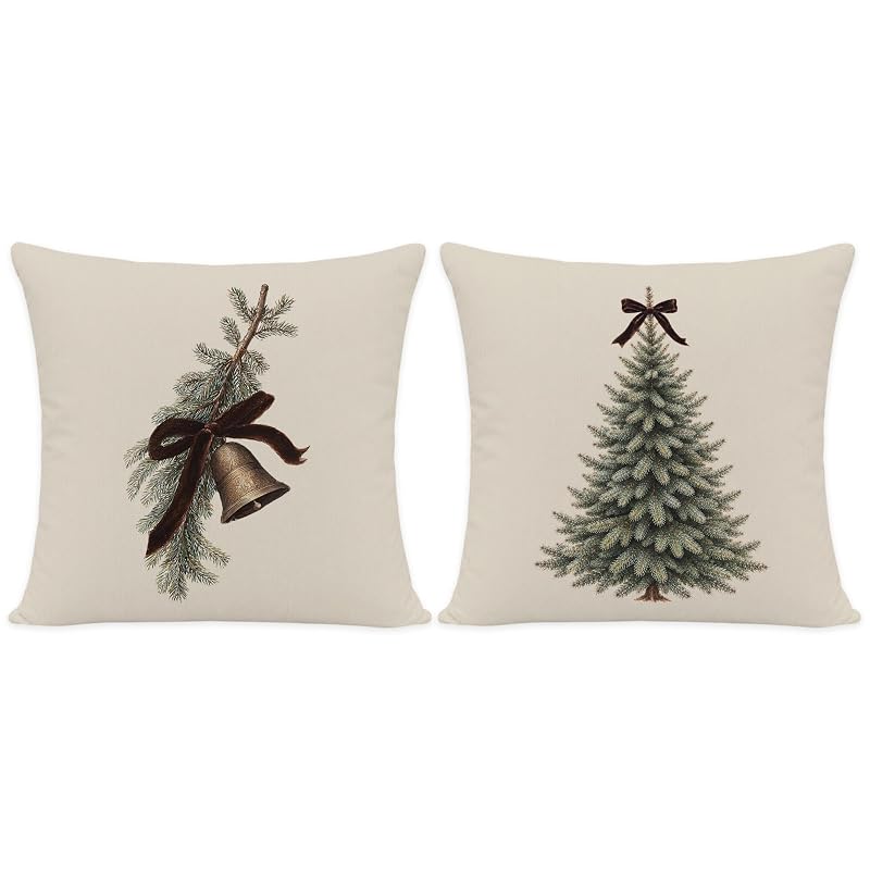 Moody Christmas Tree Bell Bow Throw Pillow Cover 18x18 - Set of 2 (Variation: Bell Bow)