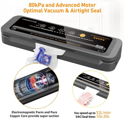 MegaWise Vacuum Sealer Machine - 80kPa Suction Power | Compact One-Touch Automatic Food Sealer with Bags & Cutter Included | Dry & Moist Modes for All Your Food Storage Needs