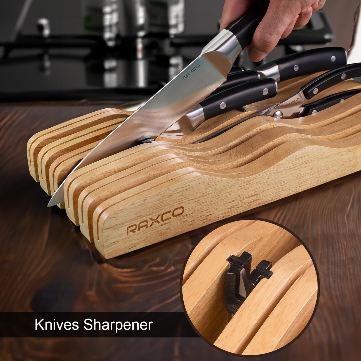 RAXCO Drawer Knife Set,13-Piece Stainless Steel Kitchen Knifes With Built-in Sharpener