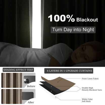 Topfinel Extra Long Total Blackout Linen Curtains 108 Inches Long for Living Room Large Window with Hooks Rings, Pinch Pleated Cold Blocking Acoustic Heavy Taupe Track Curtains 2 Panels 9 FT