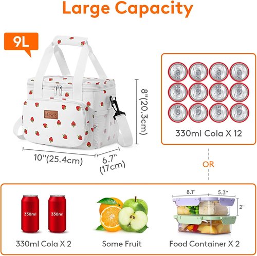 Lifewit Insulated Lunch Bag - Soft Cooler Tote for Adults | 12-Can Capacity, Strawberry Design (9L)