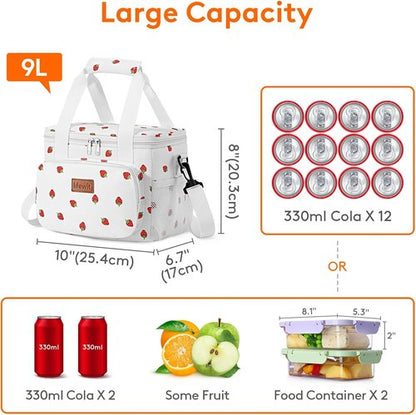 Lifewit Insulated Lunch Bag - Soft Cooler Tote for Adults | 12-Can Capacity, Strawberry Design (9L)
