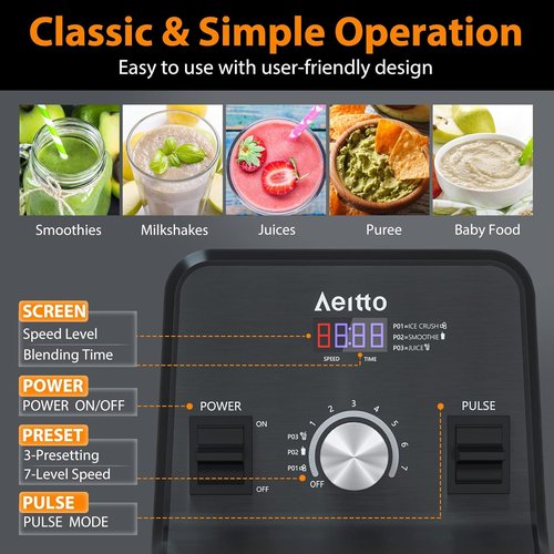 Aeitto Blender - 68 Oz Professional Countertop Blender | 1500-Watt for Smoothies & Frozen Drinks, Black