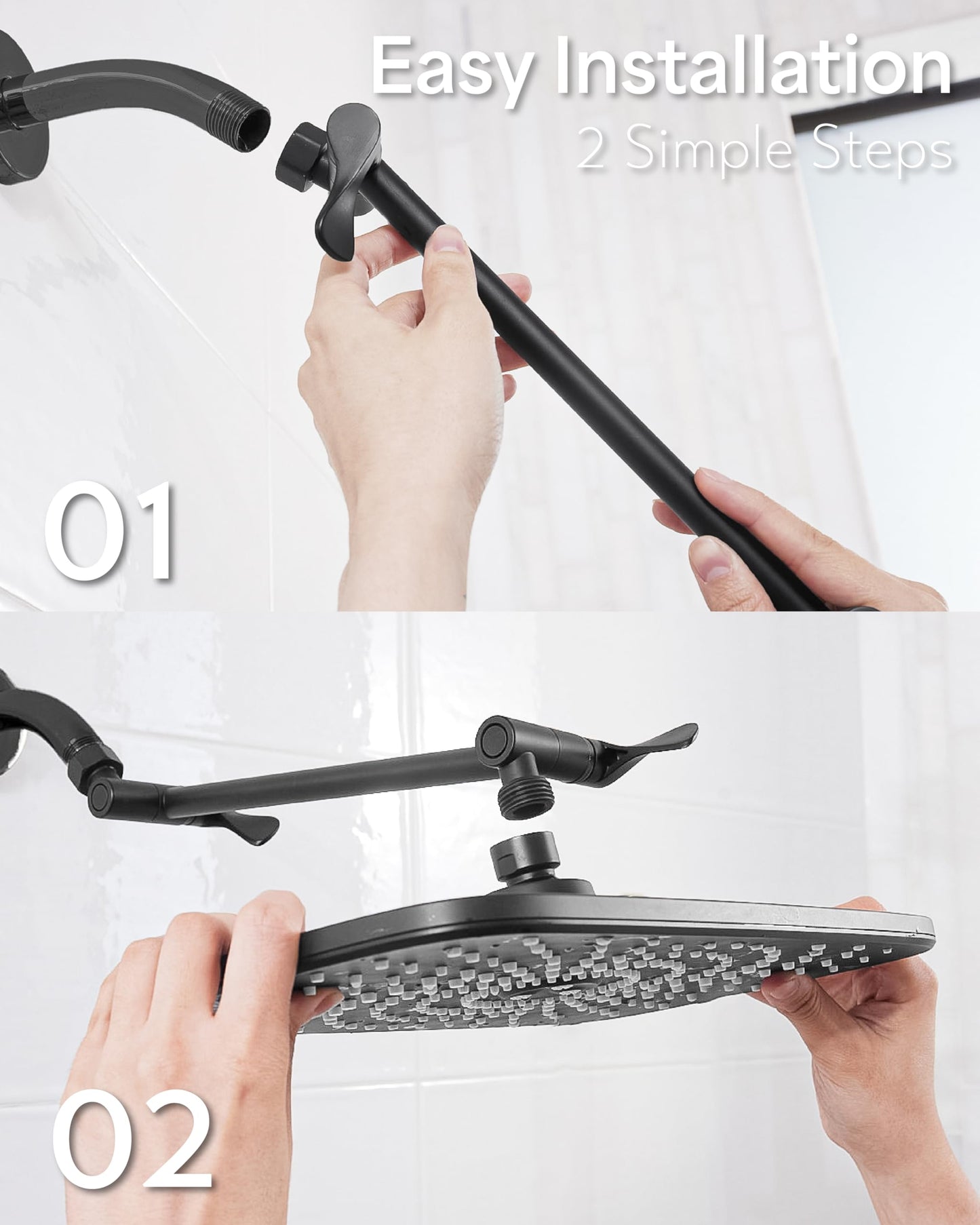 Veken Rain Shower Head,11.8 Inch Large Rainfall Showerhead, Adjustable Stainless Steel Extension Arm, Detachable High Flow Rain Fall Showerheads with Anti-Clog Nozzles, Matte Black
