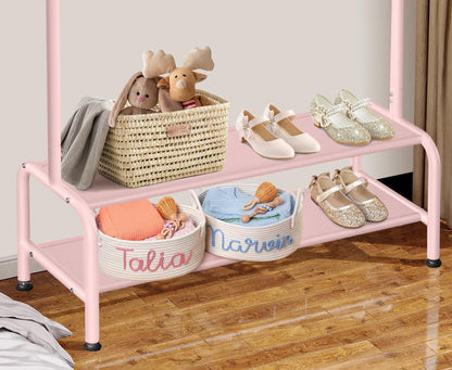 Mirolam Kids Clothing Rack - Dress Up Storage for Little Girls - Small Costume Wardrobe with 2 Fabric Shelves | Princess Room Decor
