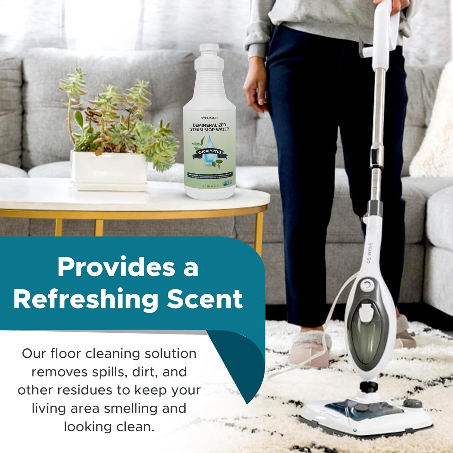 Steam & Go Demineralized Water - Ready-to-Use Eucalyptus Mint Cleaner for Steam Mops | 32 oz