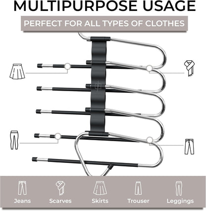 MORALVE Space-Saving Pants Hangers - Non-Slip Multi-Layer Closet Organizer - 2 Pack (Black)
