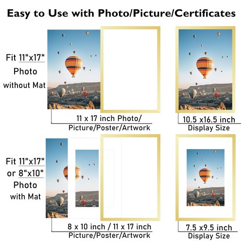JCJMY 11x17 Picture Frame Gold with 8x10 Mat, Display Photo 8x10 with Mat or 11 x 17 Without Mat, Wall Hanging Large 11x17 Poster Frame with Shatter Resistant Plexiglass, Gold