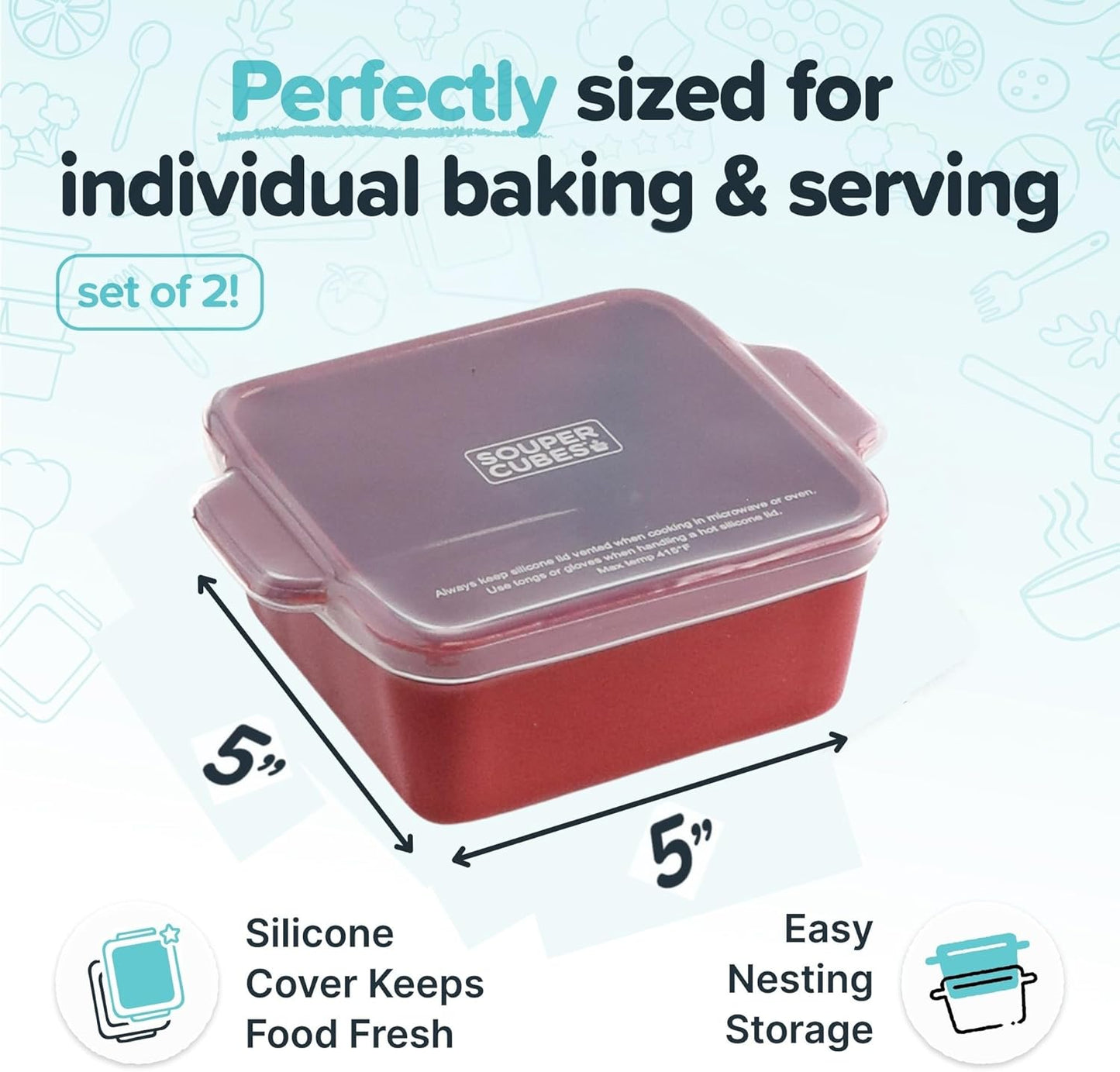 Souper Cubes Stoneware Baking Dishes - Premium 5" x 5" Mini Ceramic Set with Silicone Covers - Cranberry