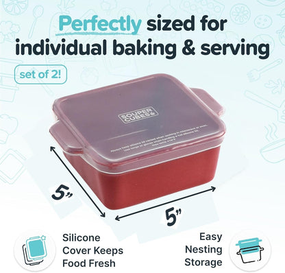 Souper Cubes Stoneware Baking Dishes - Premium 5" x 5" Mini Ceramic Set with Silicone Covers - Cranberry
