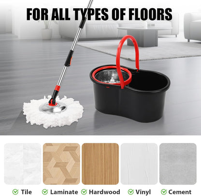 Skiennix Spin Mop and Bucket Set - 360° Cleaning System with 3 Microfiber Refills & 50" Handle | Black