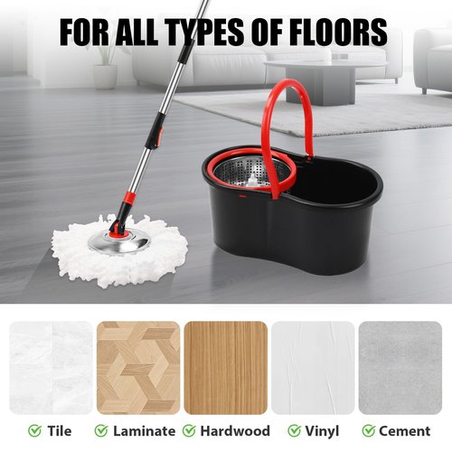 Spin Mop and Bucket with Wringer Set,360° Mop and Bucket System with 3 Microfiber Mop Refills and 50" Extended Handle for Floor Cleaning (Black)