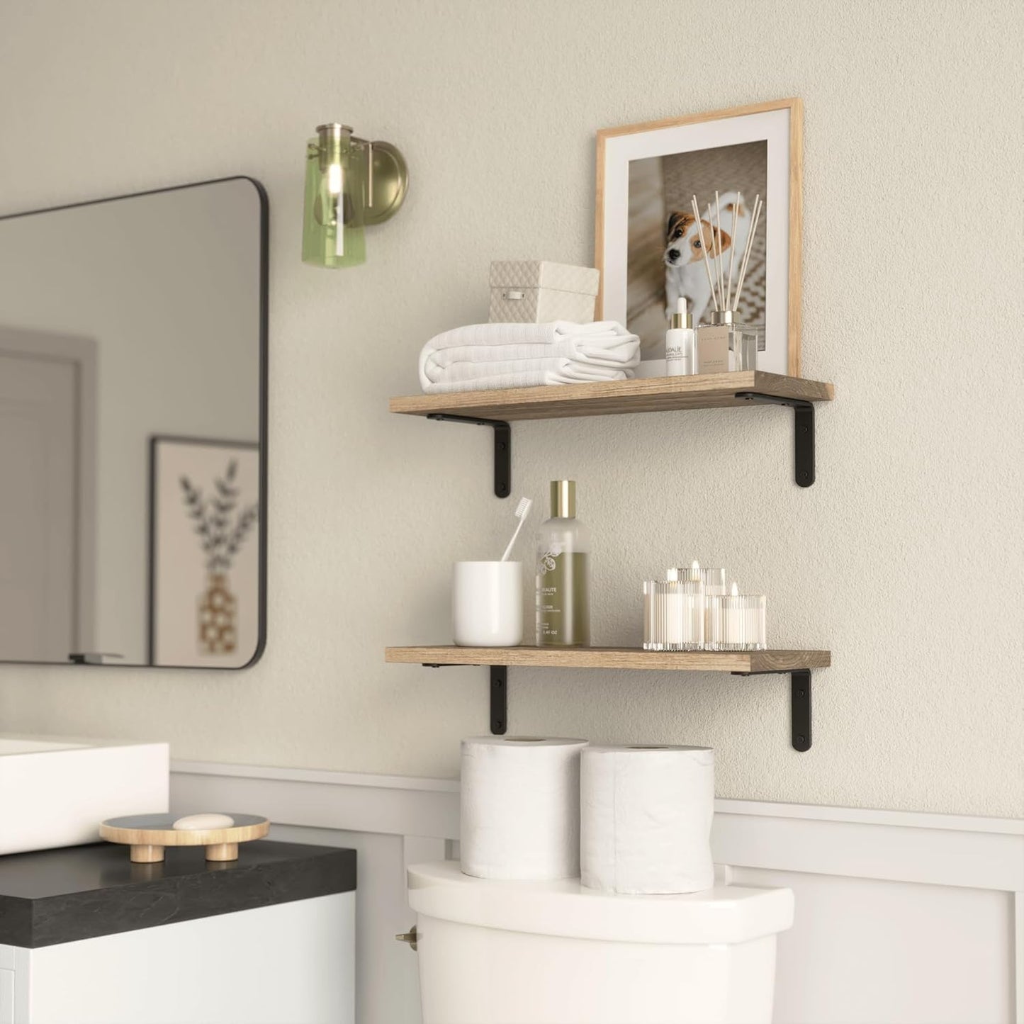 RICHER HOUSE Rustic Wood Shelves - Set of 2 Farmhouse Floating Wall Décor | Carbonized Black