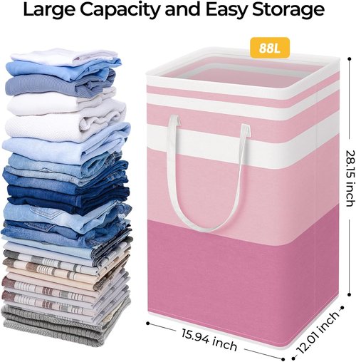 HomeHacks Large Waterproof Laundry Baskets - Collapsible Hampers with Reinforced Handles | 88L Each, Pink