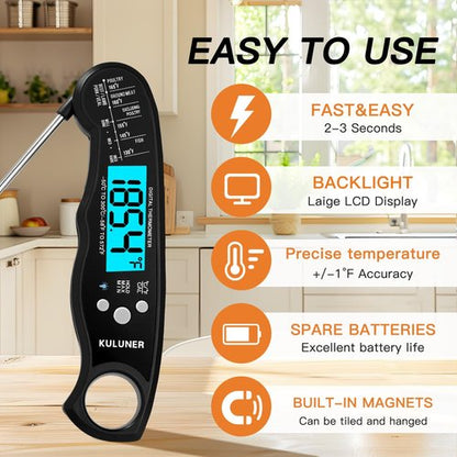 KULUNER TP-01 Waterproof Digital Meat Thermometer - Instant Read with 4.6" Folding Probe & Backlight (Black)